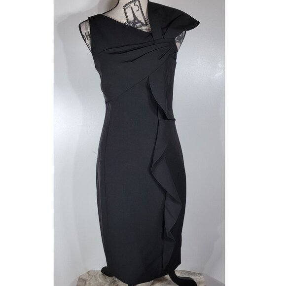 Vince Camuto Black Sheath Dress with Asymmetrical Ruffle Detail, Womens Size 4 - Picture 2 of 9